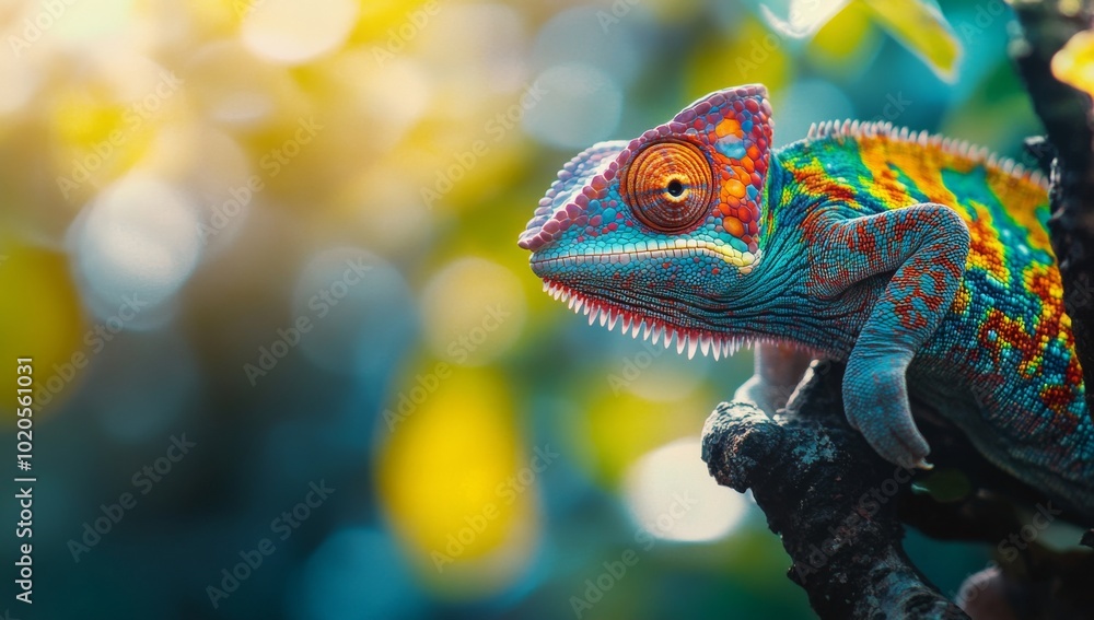 Fototapeta premium A chameleon perched on a branch, its vibrant scales and large eyes contrasting with the soft green and yellow bokeh of the background.