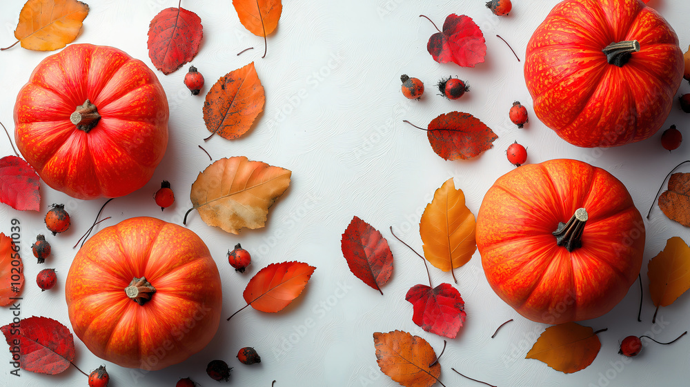 Festive Display of Pumpkins and Autumn Leaves Against a White Backdrop Festive Display of Pumpkins and Autumn Leaves Against a White Backdrop