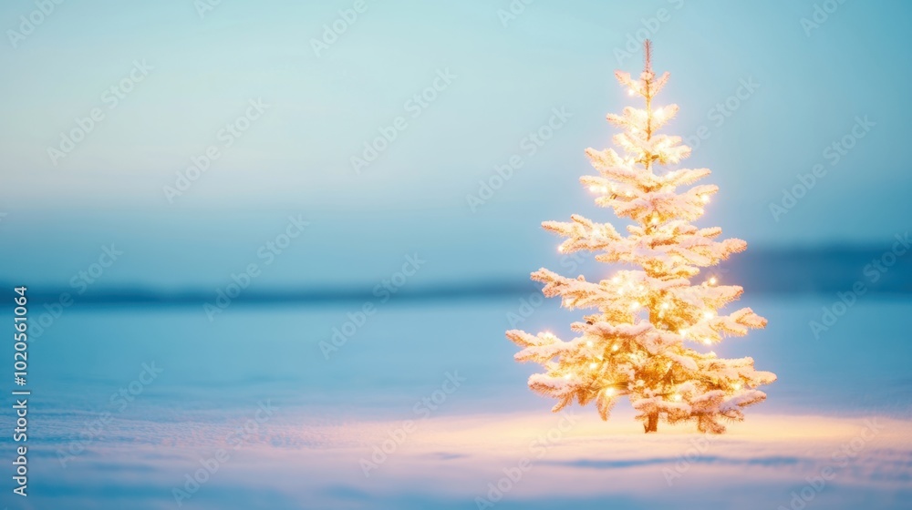 A twinkling Christmas tree stands alone in the snow during a tranquil winter night, creating a festive atmosphere A twinkling Christmas tree stands alone in the snow during a tranquil winter night, creating a festive atmosphere