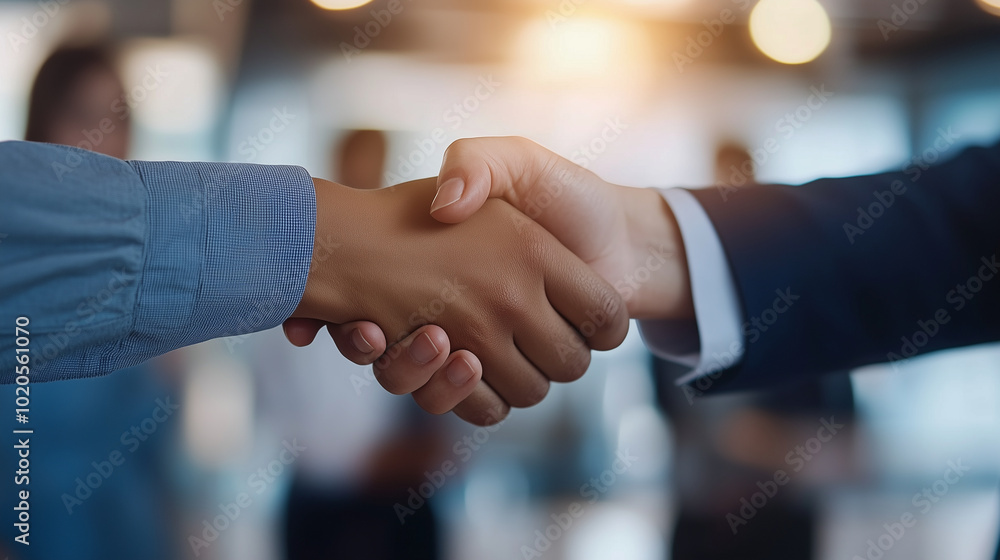 A handshake between two business professionals in a well-lit office symbolizes the start of a partnership, as a woman nearby holds a clipboard and observes. The background showcase A handshake between two business professionals in a well-lit office symbolizes the start of a partnership, as a woman nearby holds a clipboard and observes. The background showcase