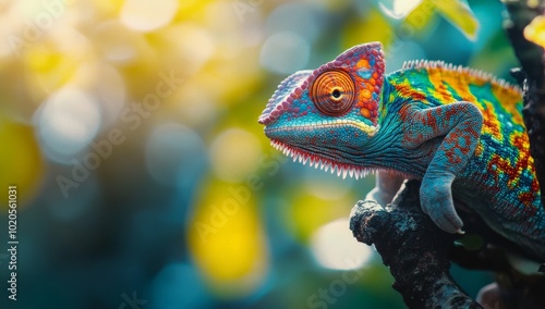 A chameleon perched on a branch, its vibrant scales and large eyes contrasting with the soft green and yellow bokeh of the background.