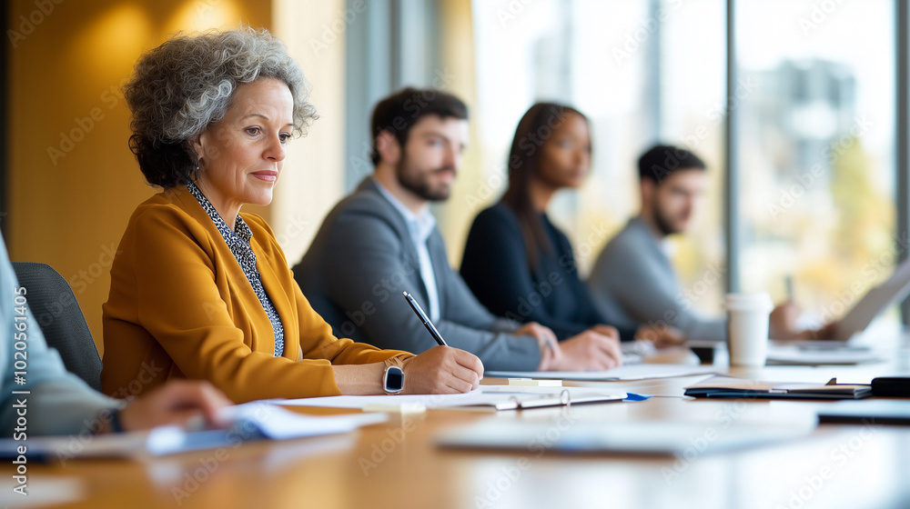 A team of business professionals sits at a long conference table during a strategy session in a modern office space. The image captures a senior woman jotting down notes, while her A team of business professionals sits at a long conference table during a strategy session in a modern office space. The image captures a senior woman jotting down notes, while her