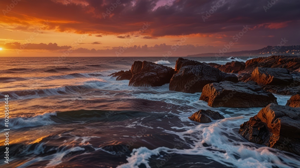 A stunning sunset over the ocean, with waves crashing against rocky outcroppings. The sky is ablaze with color, with a hint of purple and orange. A stunning sunset over the ocean, with waves crashing against rocky outcroppings. The sky is ablaze with color, with a hint of purple and orange.
