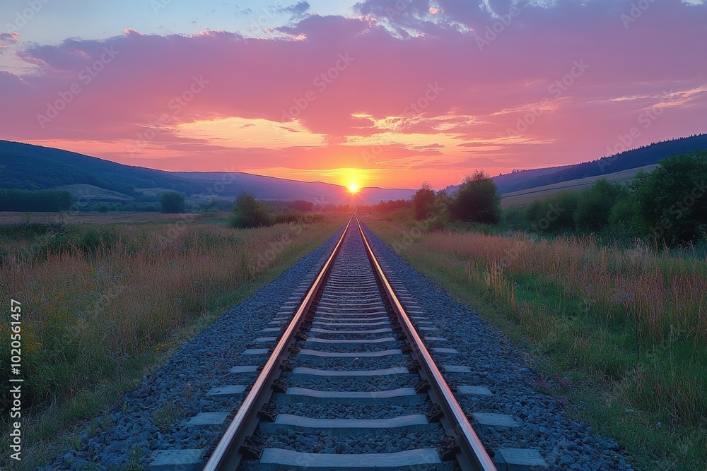 Fototapeta premium A serene sunset over tranquil train tracks stretching into the horizon
