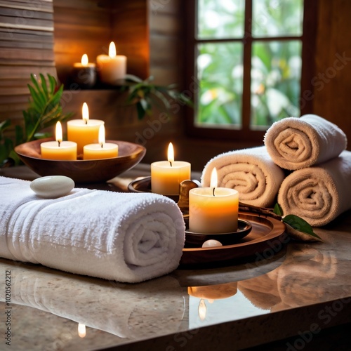 Luxurious spa setting with candles, towels, and relaxing ambiance for wellness and rejuvenation.
