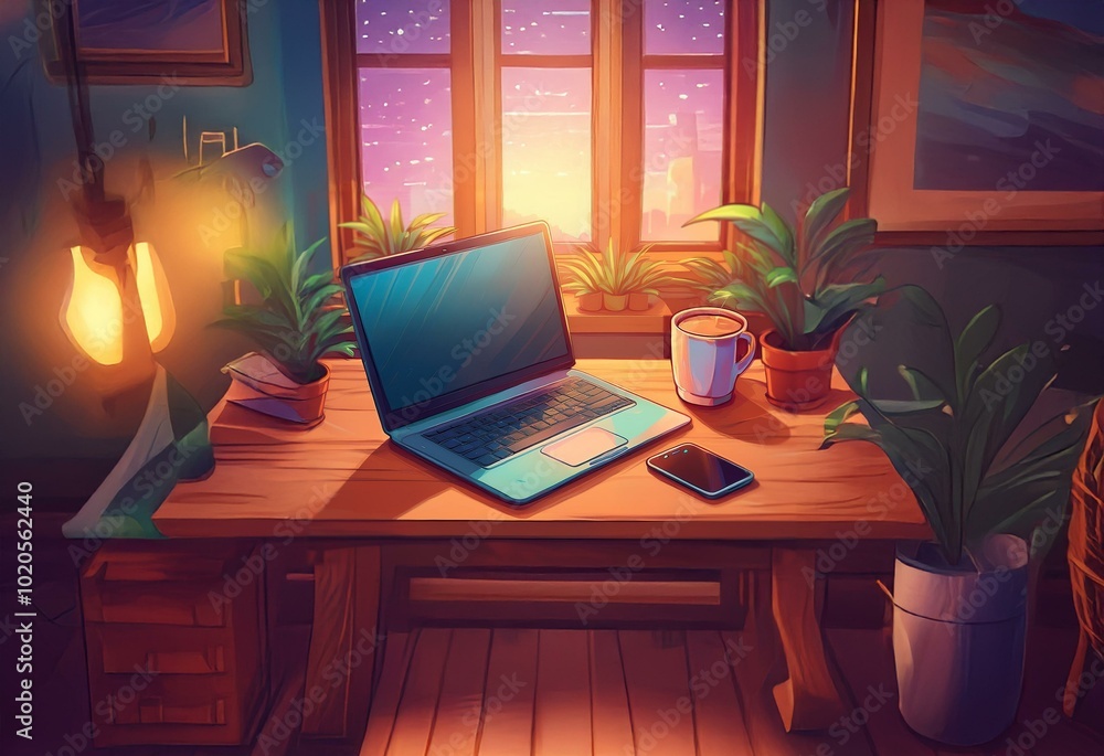 Fototapeta premium A wooden desk with a laptop, smartphone, and a cup of coffee. Plants on the table and by the window.
