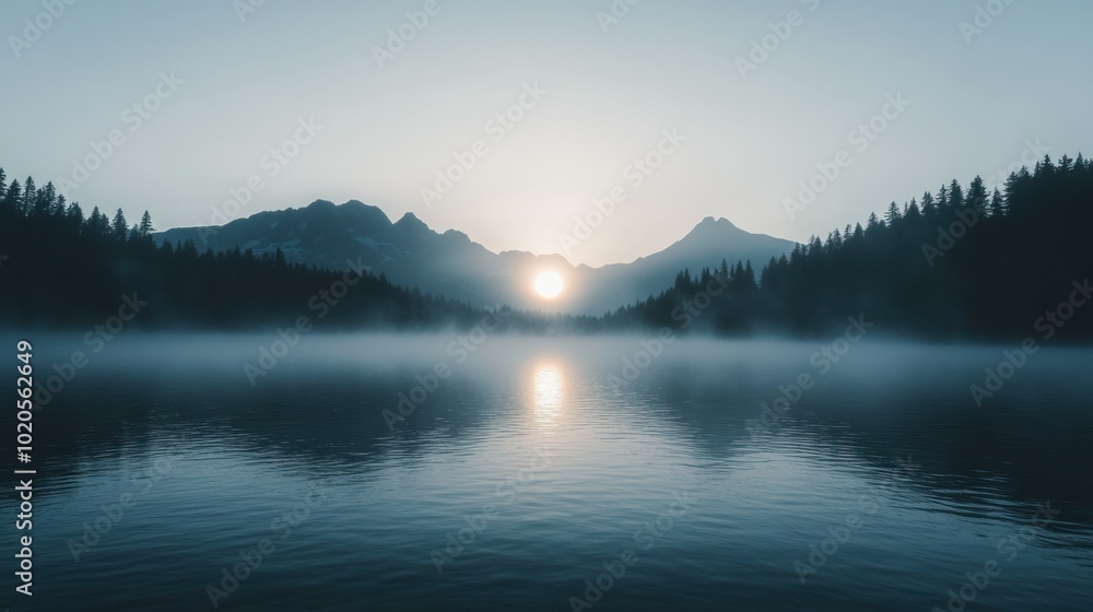 Fototapeta premium Serene Sunrise Over Fog-Covered Mountain Lake