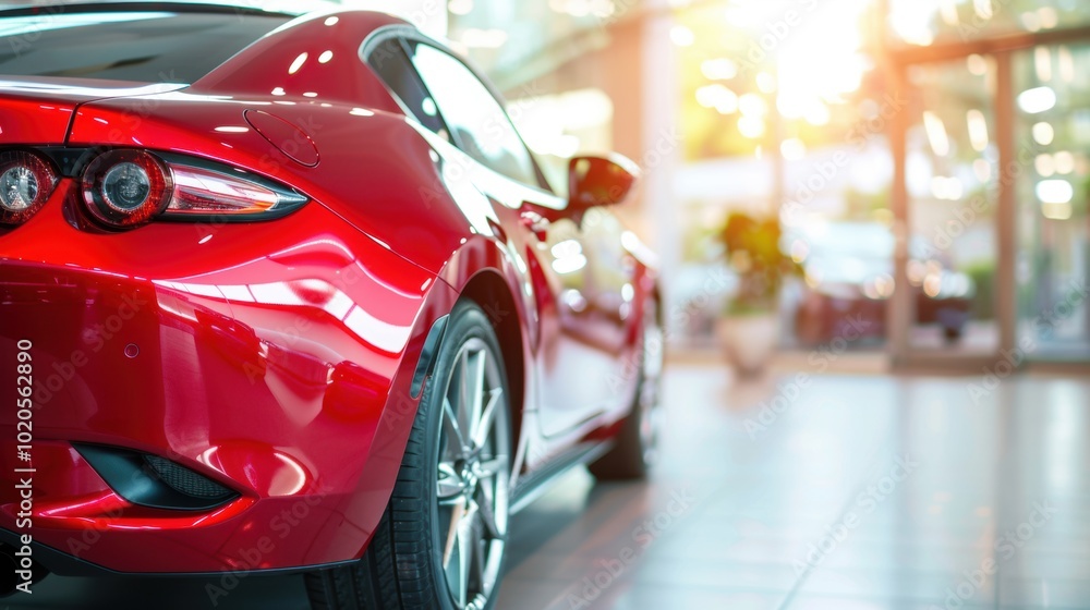The vibrant red car gleams under natural light in a contemporary showroom, highlighting its elegant curves and sporty features The vibrant red car gleams under natural light in a contemporary showroom, highlighting its elegant curves and sporty features