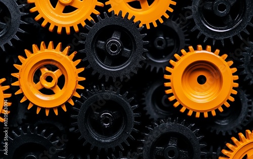 Close-up of vibrant orange and black gears, showcasing intricate design and perfect for industrial or mechanical themes.