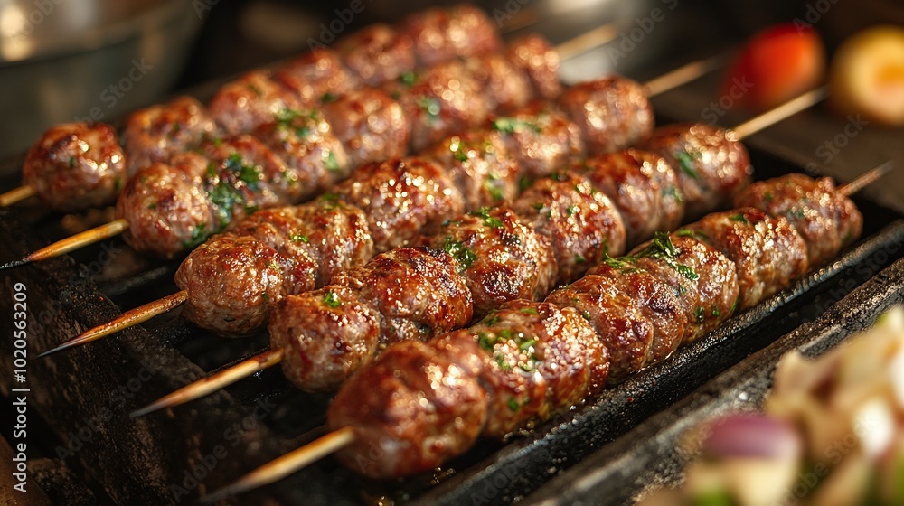 smoky and tender ground meat kebabs grilling on skewers over a charcoal barbecue outdoors capturing the essence of traditional kofta skewers and outdoor cooking with friends and family smoky and tender ground meat kebabs grilling on skewers over a charcoal barbecue outdoors capturing the essence of traditional kofta skewers and outdoor cooking with friends and family