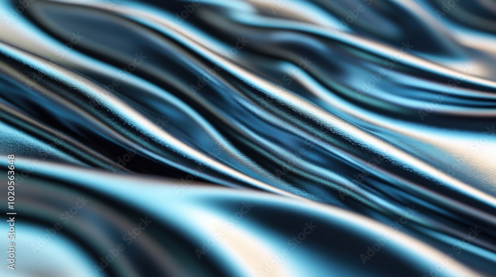 Fototapeta premium The texture reveals a captivating interplay of light and shadow on silver metallic fabric, creating fluid, graceful waves in a tranquil ambiance