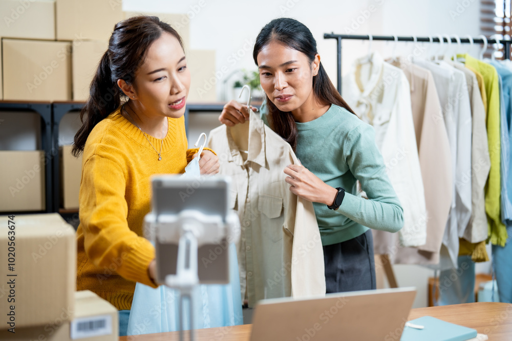 Young Entrepreneurs Live Streaming Fashion Sale from Home with Online Marketing and Shipping Strategy Young Entrepreneurs Live Streaming Fashion Sale from Home with Online Marketing and Shipping Strategy
