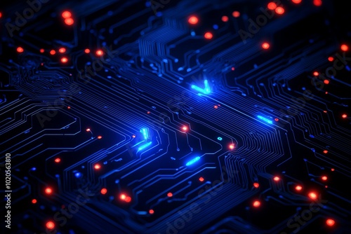 Intricate circuit board with glowing blue and red elements, showcasing advanced technology in a dynamic digital landscape.