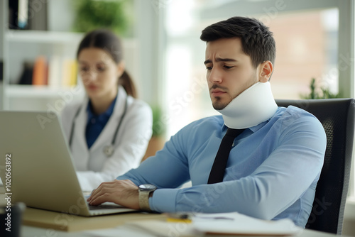 Injured Man with Neck Brace Working on Laptop During Doctor's Consultation photo