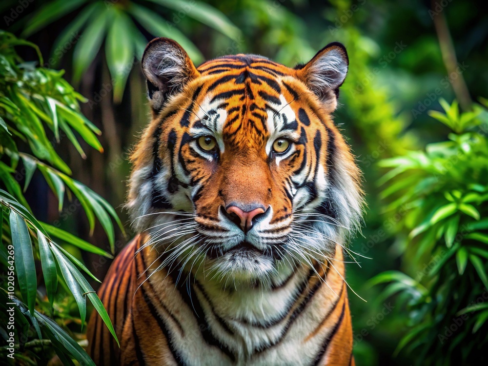A beautiful tiger strides through the verdant jungle, its brilliant orange and black stripes creating a stunning visual against the lush greenery all around. A beautiful tiger strides through the verdant jungle, its brilliant orange and black stripes creating a stunning visual against the lush greenery all around.