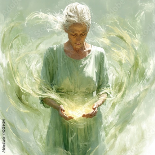 A mystical elder woman conjures ethereal light in a tranquil, verdant setting at twilight