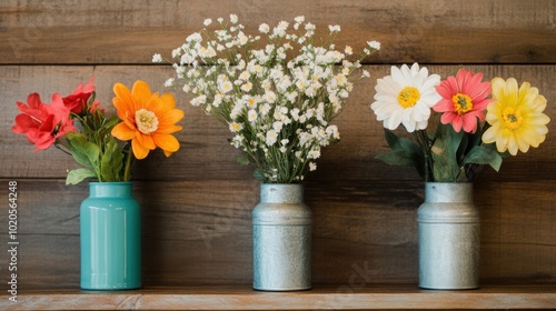 Wallpaper Mural A charming display of assorted flowers in glass and metal vases rests on a rustic wooden shelf, enhancing the warm ambiance Torontodigital.ca