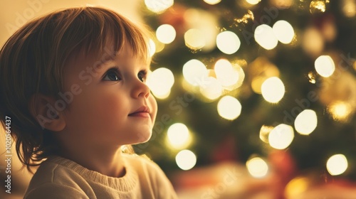 A young child looks up with delight, captivated by the sparkling lights and colorful decorations of a Christmas tree at home