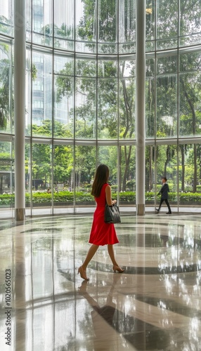 Free Download Modern Businesswoman Walks in Sustainable Office Building, Green City Views, Abstract Motion Blur - GFXLoad
