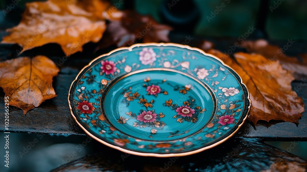 Fototapeta premium beautiful empty blue plate decorated with flowers is on the autumn leaves. 