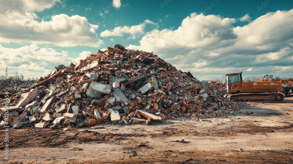 A powerful bulldozer is actively working on a large pile of rubble A powerful bulldozer is actively working on a large pile of rubble