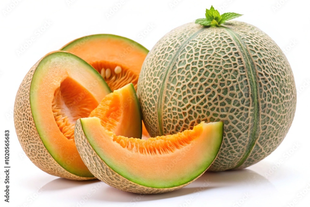 Cantaloupe melon and melon slices isolated on white background Cantaloupe melon and melon slices isolated on white background