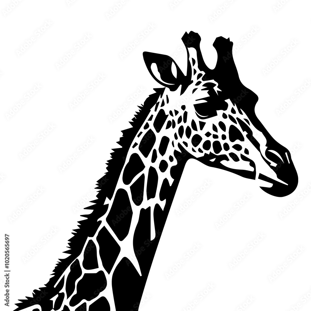Naklejka premium Silhouette of giraffe head and neck black on white background. Vector african animal, concept for savannah safari, tattoo design, isolated icon with giraffe animal face in simple style