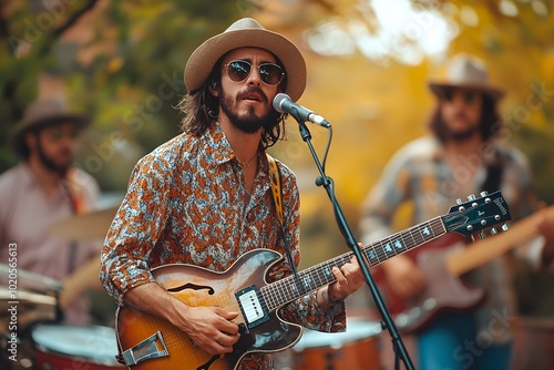 Fototapeta Naklejka Na Ścianę i Meble -  Vibrant Outdoor Live Music Performance with Guitarist and Drummer