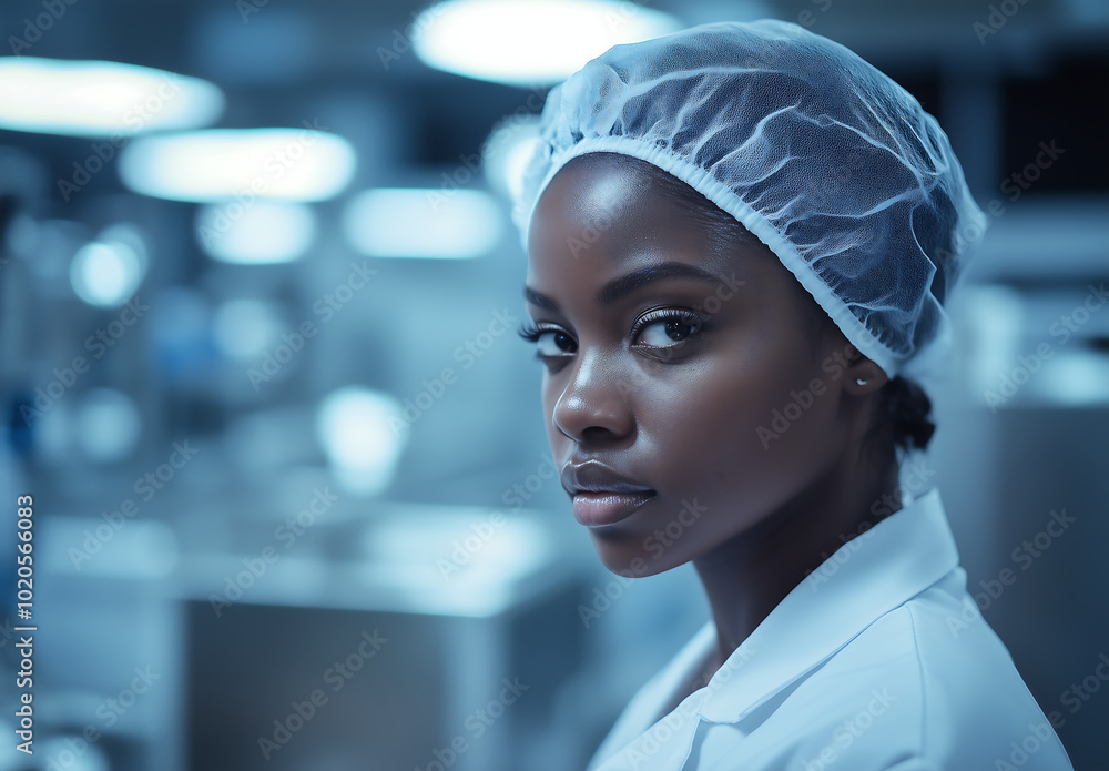 Focused Female Scientist Working in a Sterile Laboratory, Wearing a Hairnet and Lab Coat Focused Female Scientist Working in a Sterile Laboratory, Wearing a Hairnet and Lab Coat