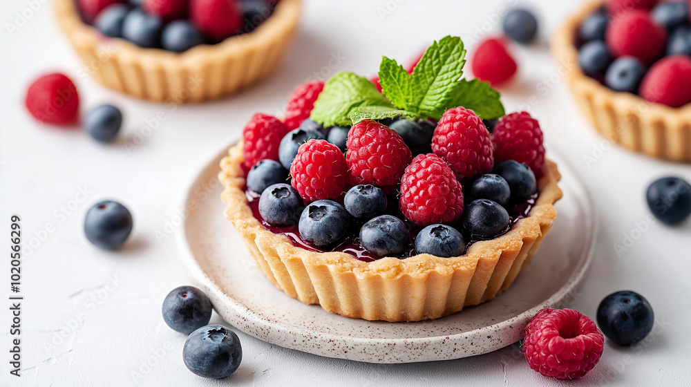 A close up of a raspberry tart with blueberries and mint leaves. The tart is small and has a lot of fruit on top A close up of a raspberry tart with blueberries and mint leaves. The tart is small and has a lot of fruit on top