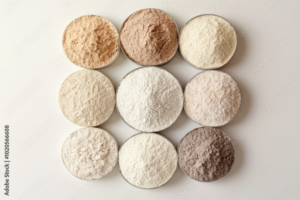 A collection of various flours arranged neatly on a light surface for culinary exploration