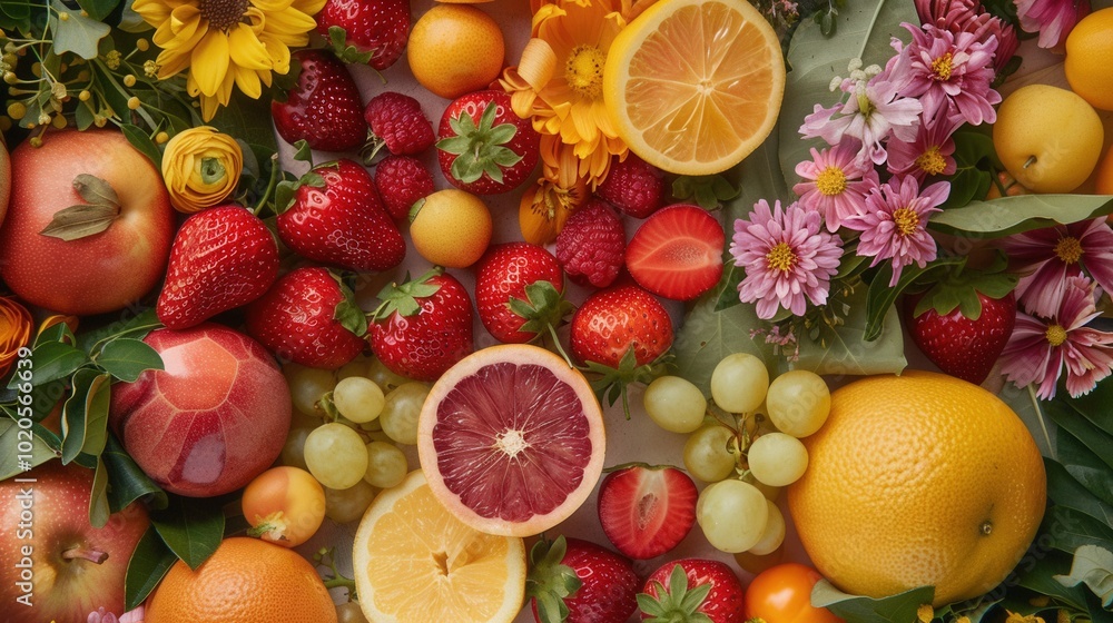 Colorful fruits and vivid flowers are artfully arranged together, creating a cheerful display perfect for a summer gathering. Generative AI Colorful fruits and vivid flowers are artfully arranged together, creating a cheerful display perfect for a summer gathering. Generative AI