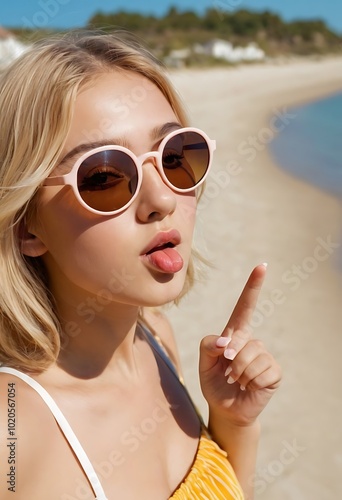 A woman wearing pink sunglasses and bright red lipstick gazes ahead while adjusting her shades. The background shows a clear blue sky, suggesting a beach setting. photo