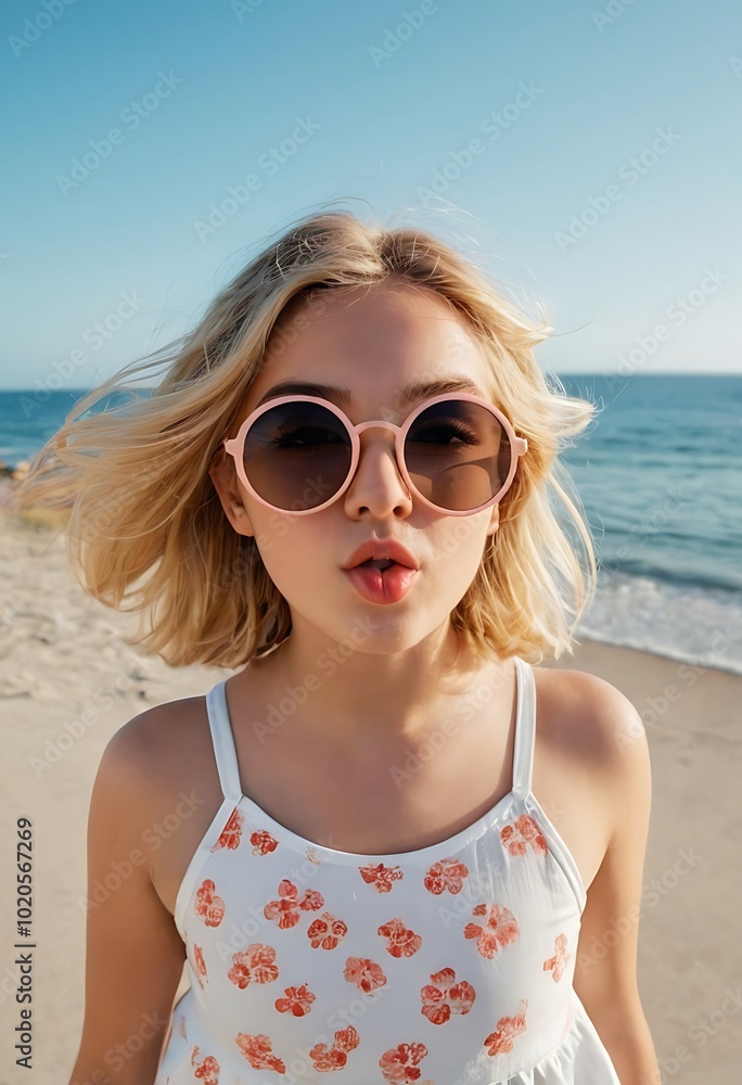 A woman wearing pink sunglasses and bright red lipstick gazes ahead while adjusting her shades. The background shows a clear blue sky, suggesting a beach setting. A woman wearing pink sunglasses and bright red lipstick gazes ahead while adjusting her shades. The background shows a clear blue sky, suggesting a beach setting.