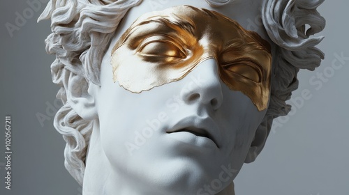 There is a statue depicting a man adorned with a gold mask on his face