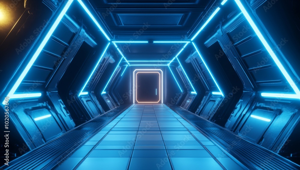 Futuristic sci-fi corridor with blue neon lights. Futuristic sci-fi corridor with blue neon lights.