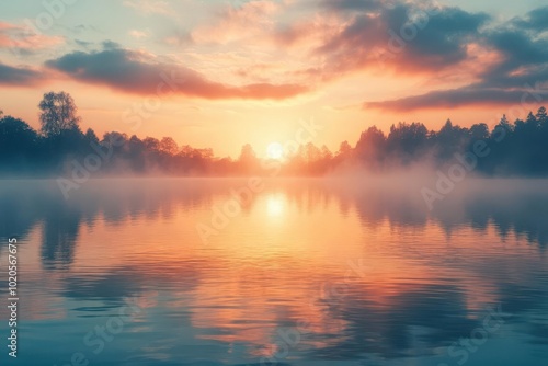 Serene sunrise over a peaceful lake, reflections in the calm water