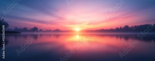 Serene sunrise over a peaceful lake, reflections in the calm water #1020567698