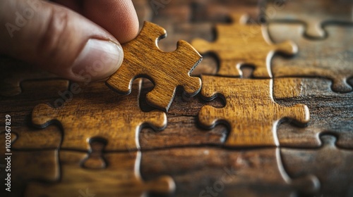 A person’s hand fitting the last wooden puzzle piece, representing logical thinking and the completion of tasks