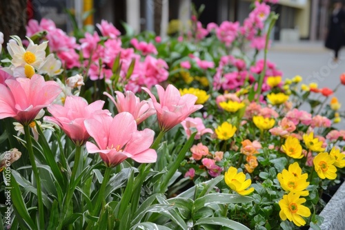 Brightly colored flowers blooming vibrantly in a bustling city garden during springtime