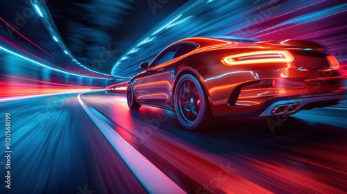 View of a red sports car driving through a tunnel