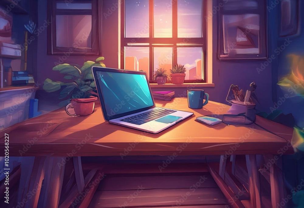 A wooden desk with a laptop, mug, and phone, near a window with a sunset view. A wooden desk with a laptop, mug, and phone, near a window with a sunset view.