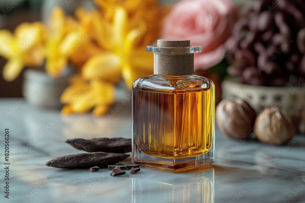 tonka bean oil bottle on marble table beauty product concept with text space ideal for banners tonka bean oil bottle on marble table beauty product concept with text space ideal for banners