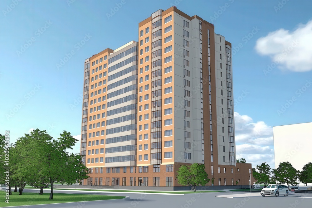 Modern residential building with vibrant facade and landscaped surroundings in clear daylight Modern residential building with vibrant facade and landscaped surroundings in clear daylight