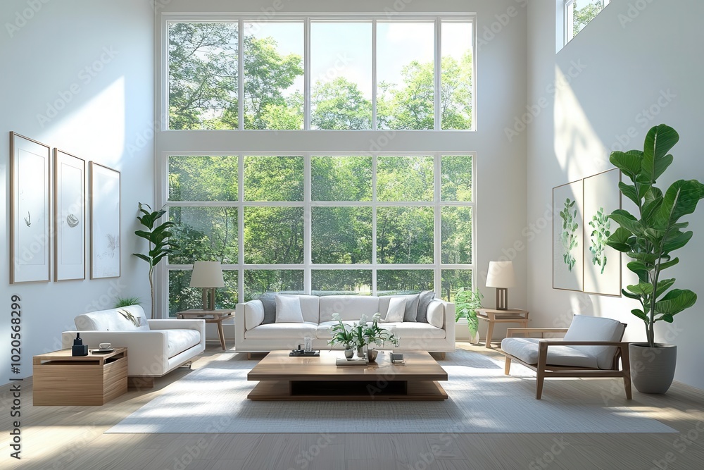 Stylish living room with a large window, elegant furniture, and natural light Stylish living room with a large window, elegant furniture, and natural light