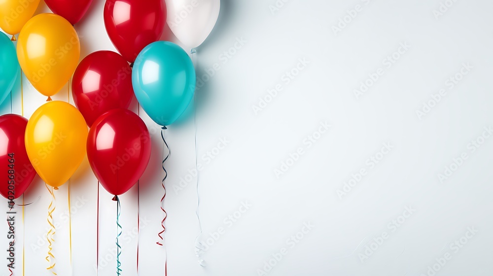 Colorful balloons with ribbons bring a festive touch to a white background. Joyful Moments with Balloons and Cheer. Your Perfect Party Decoration Idea Colorful balloons with ribbons bring a festive touch to a white background. Joyful Moments with Balloons and Cheer. Your Perfect Party Decoration Idea