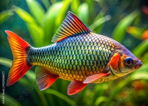 An exquisite close-up displays a glass barb fish, showcasing its vivid colors and intricate fin structures, beautifully photo