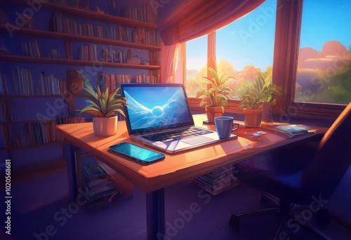 A home office desk with a laptop, a cell phone, a mug, plants, a bookcase and a window view.