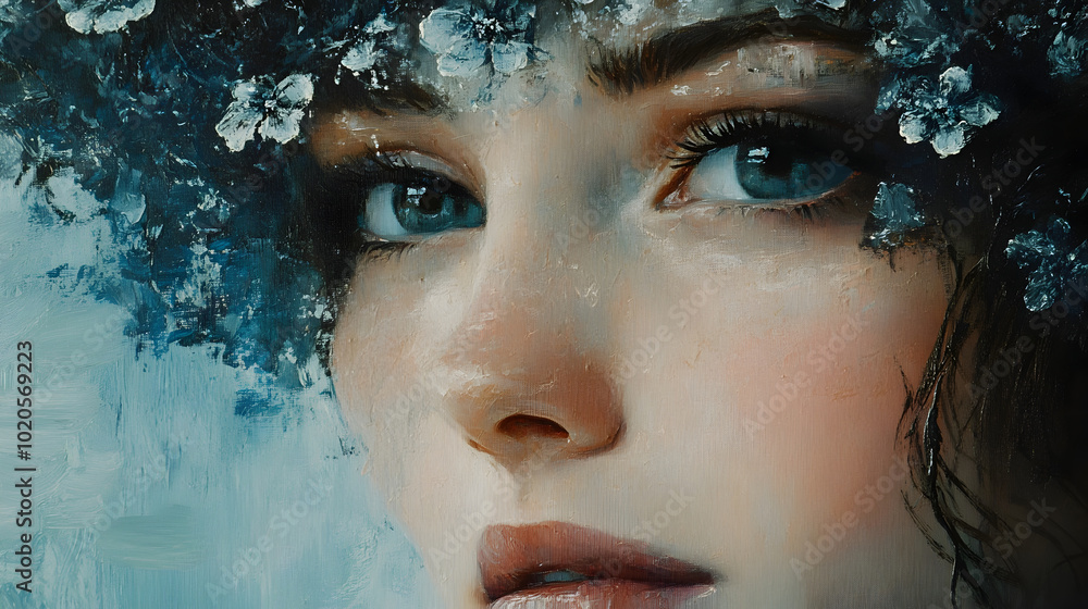 Enchanting and captivating digital portrait of a serene and pensive female face surrounded by a lush and dreamy floral bloom. The image has a surreal,ethereal,and magical a sense of tranquility.