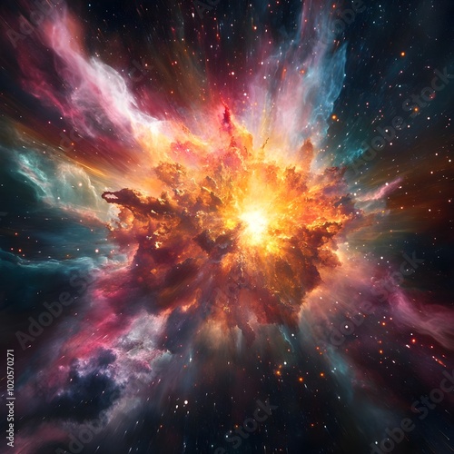 An ultra-detailed rendering of a supernova explosion, with massive bursts of colorful gases and energy radiating through the vastness of space,Generative AI photo